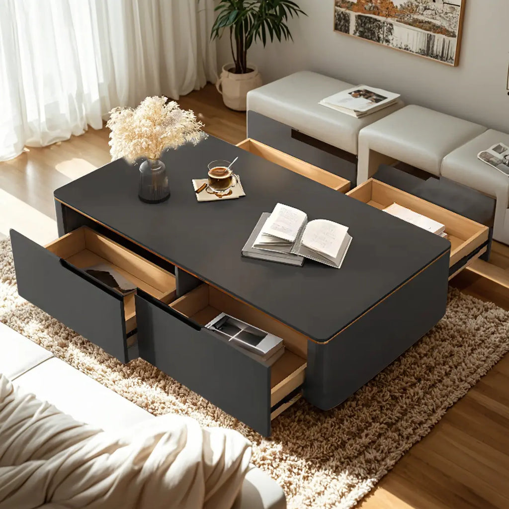 1 Tier Minimalistic Black Coffee Table with 4-Drawer