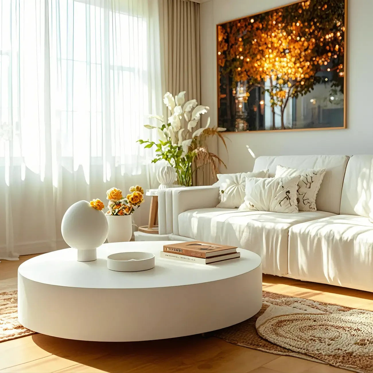 Modern White Round Fiberglass Coffee Table for Living Room