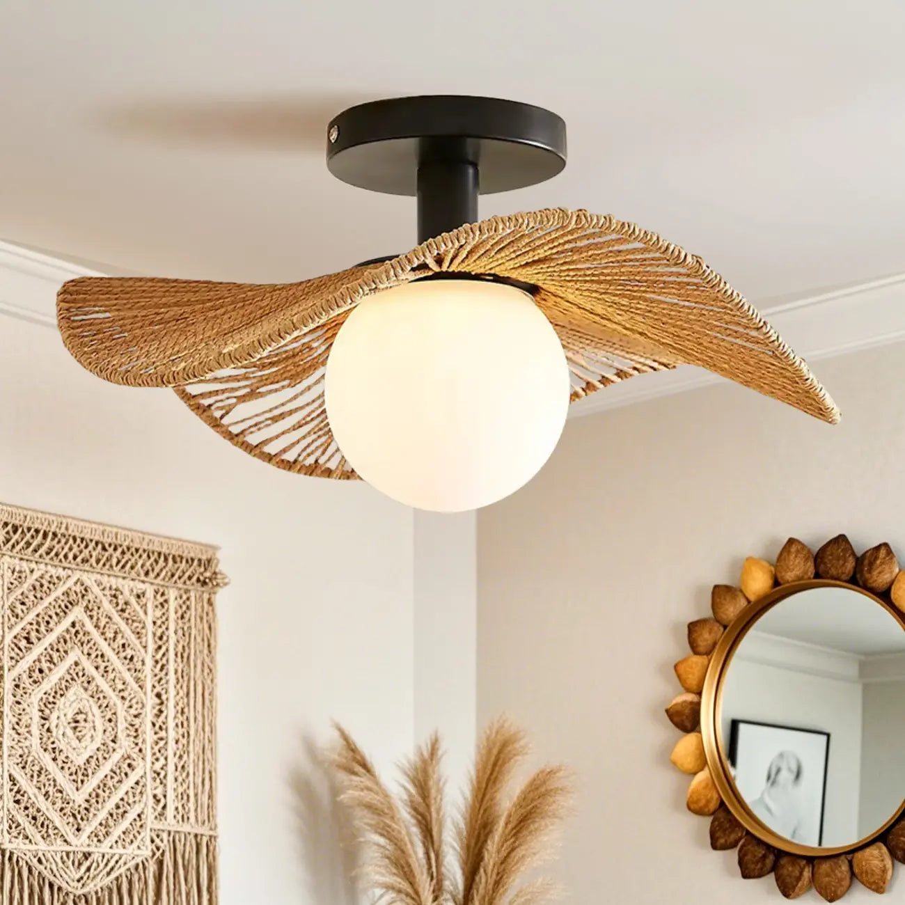 Oriental LED Semi-Flush Ceiling Light with Rattan Shade