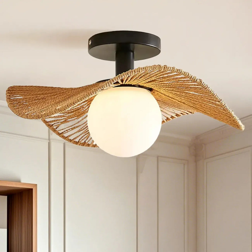 Oriental LED Semi-Flush Ceiling Light with Rattan Shade