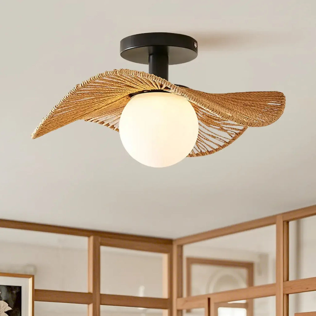 Oriental LED Semi-Flush Ceiling Light with Rattan Shade