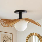 Oriental LED Semi-Flush Ceiling Light with Rattan Shade