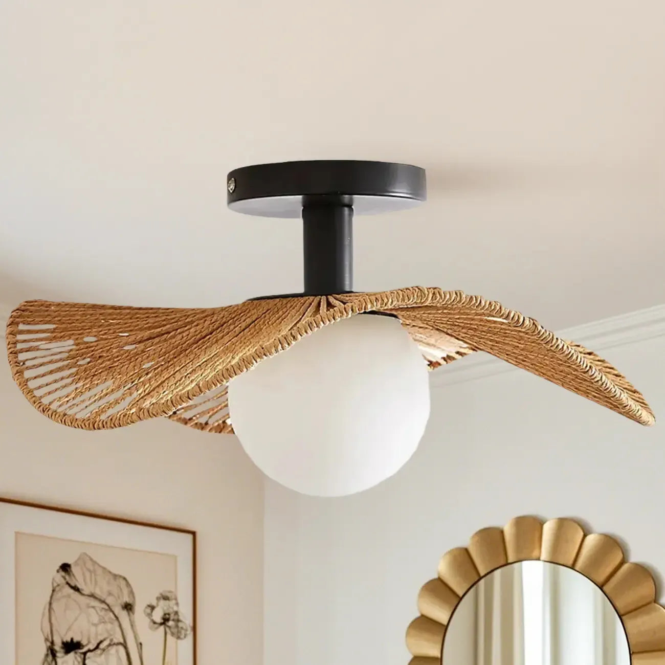 Oriental LED Semi-Flush Ceiling Light with Rattan Shade
