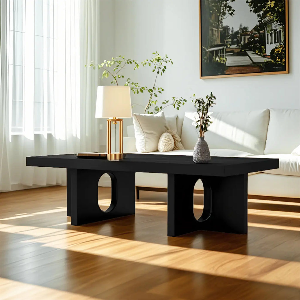 Minimalist Black Wood Rectangular Coffee Table for Living Room