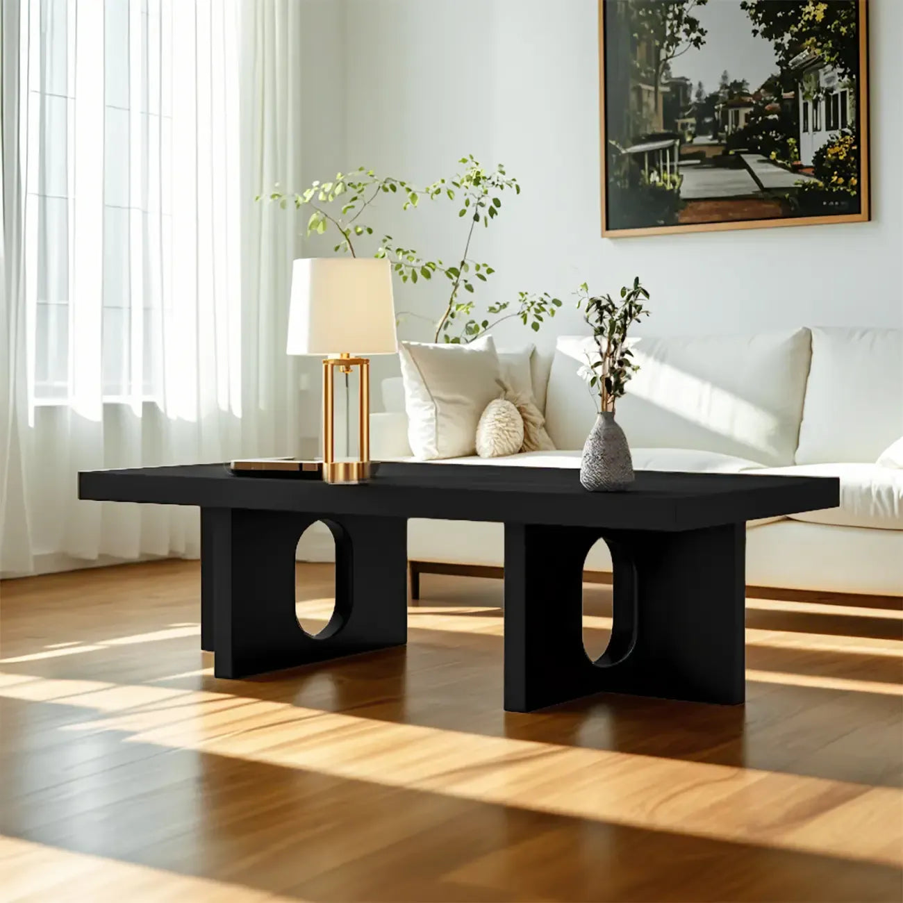 Minimalist Black Wood Rectangular Coffee Table for Living Room