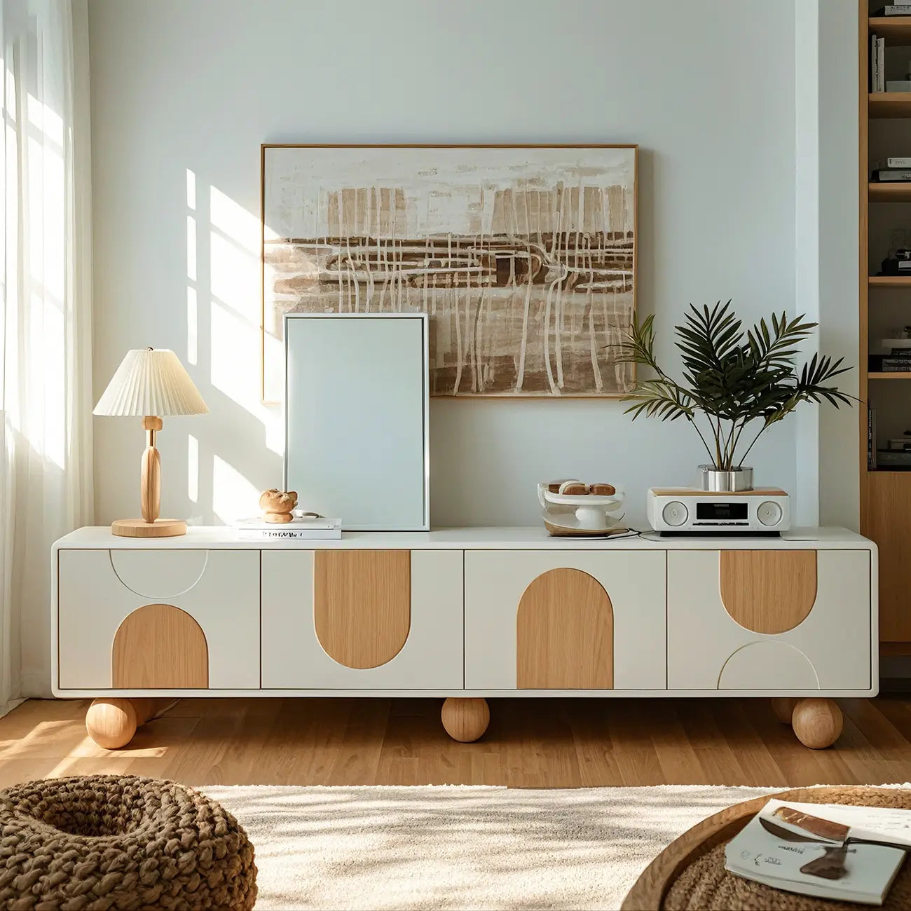 79 White Modern Acrylic Arch Panel Cable Management TV Stand