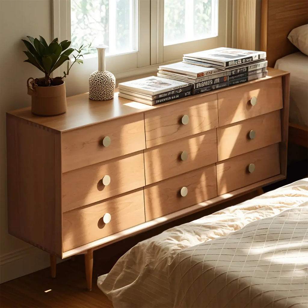 Contemporary Extra Wide Brown Pine Wood 9-Drawer Dresser