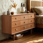 Contemporary Extra Wide Brown Pine Wood 9-Drawer Dresser