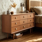 Contemporary Extra Wide Brown Pine Wood 9-Drawer Dresser