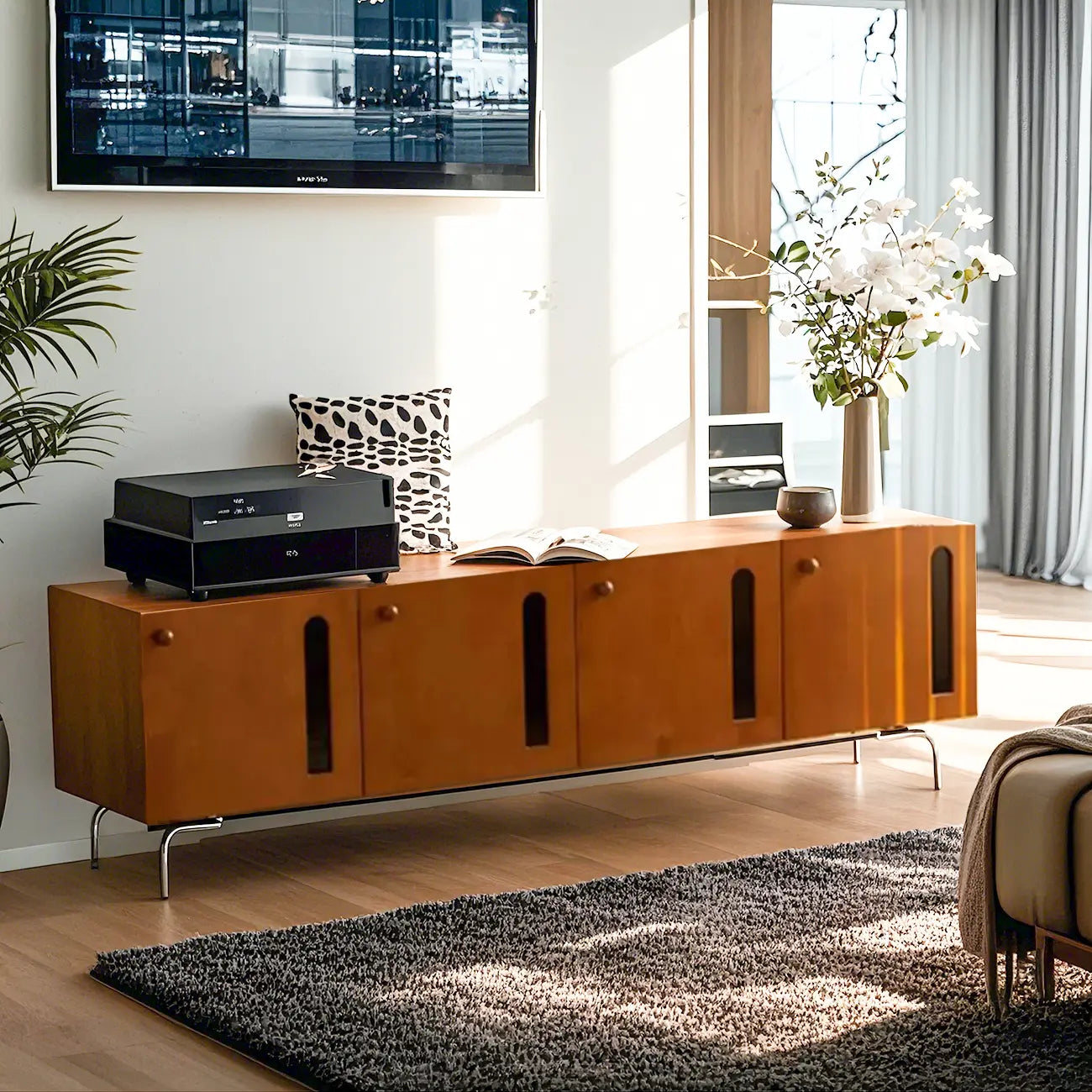 Living Room Rectangle Brown Wood TV Stand with Metal Legs