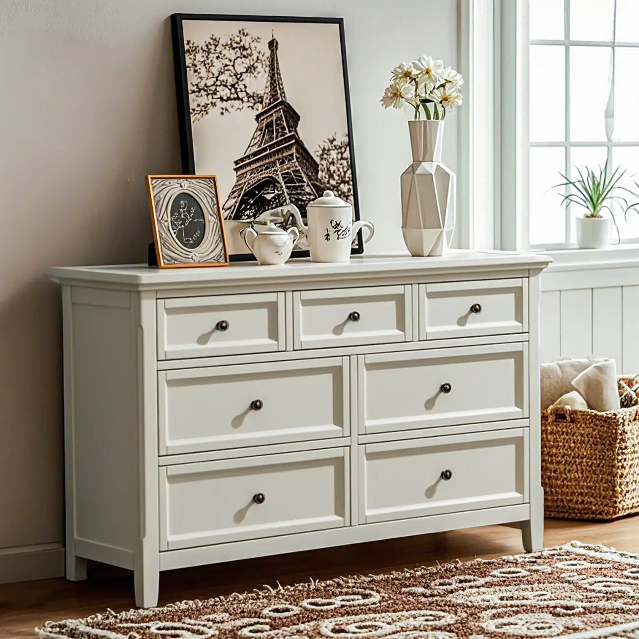 Contemporary White Wooden Double Dresser