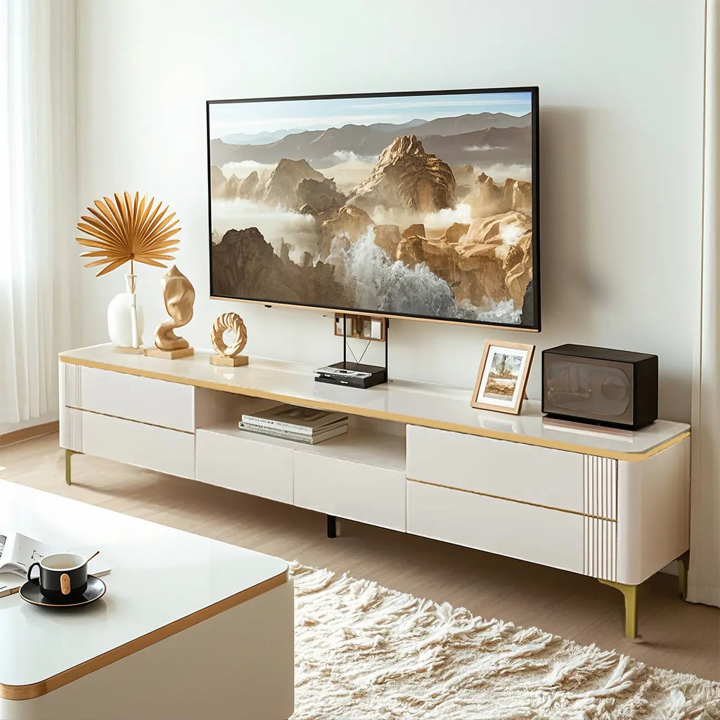 71 White Stone Fluted Open Storage TV Stand with Gold Legs