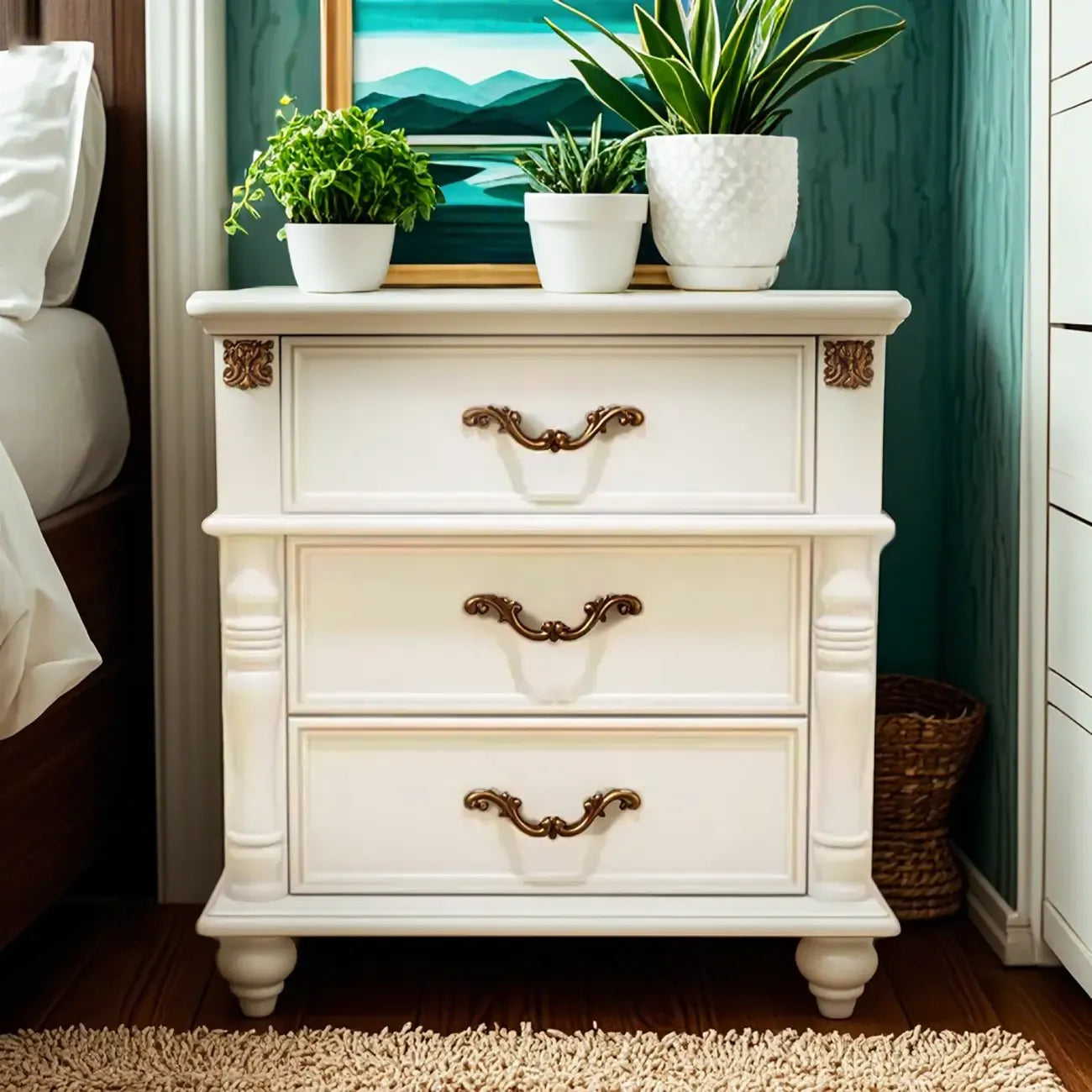 Elegant White Wood Bedside Table with 3 Storage Drawers
