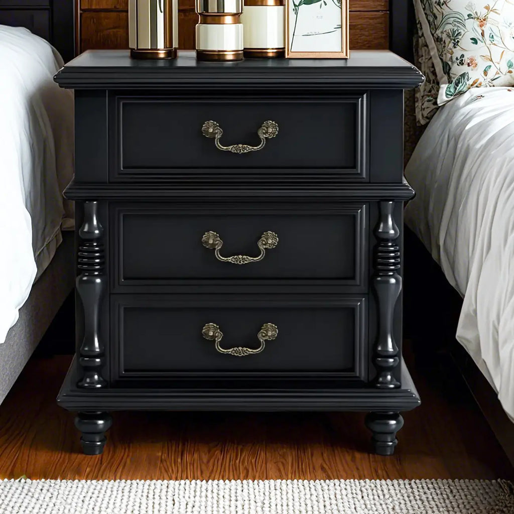 Elegant White Wood Bedside Table with 3 Storage Drawers