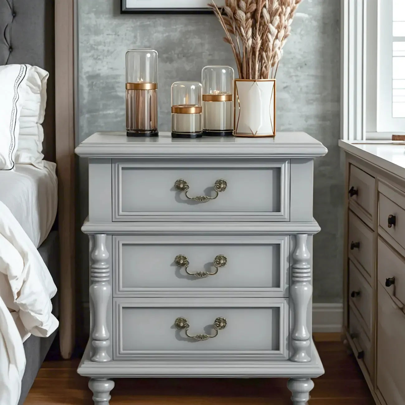 Elegant White Wood Bedside Table with 3 Storage Drawers