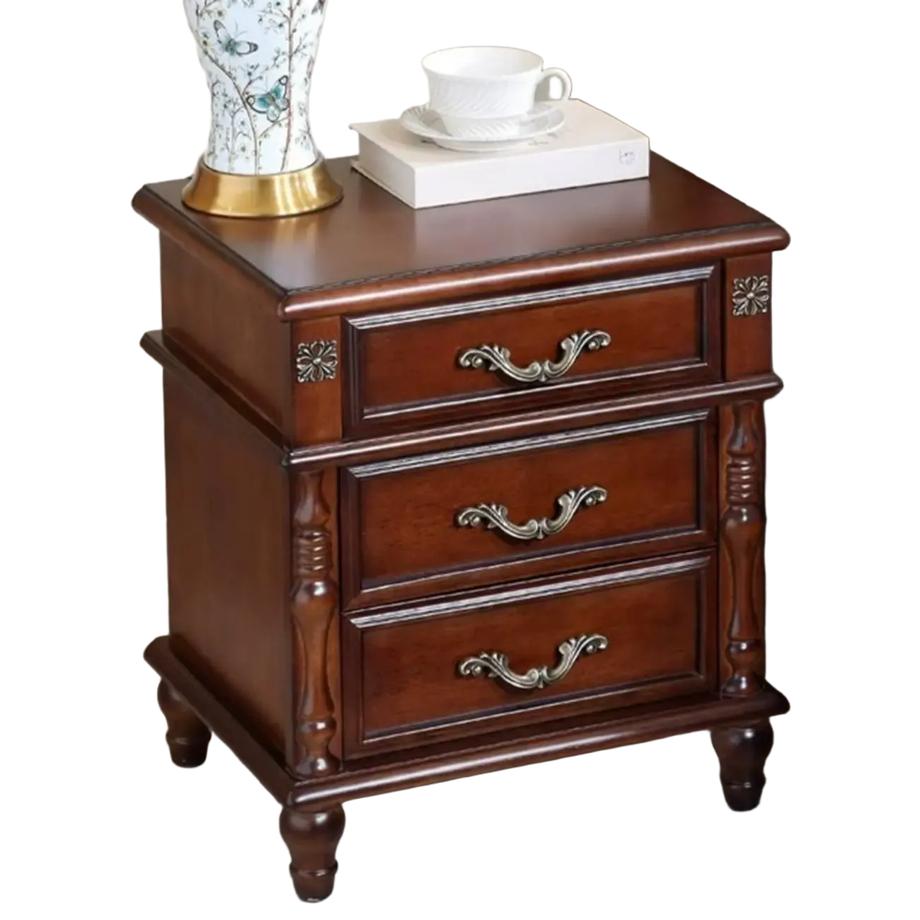 Elegant White Wood Bedside Table with 3 Storage Drawers