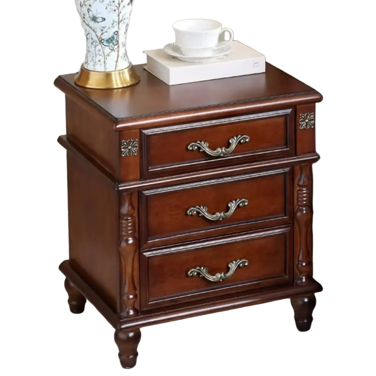 Elegant White Wood Bedside Table with 3 Storage Drawers