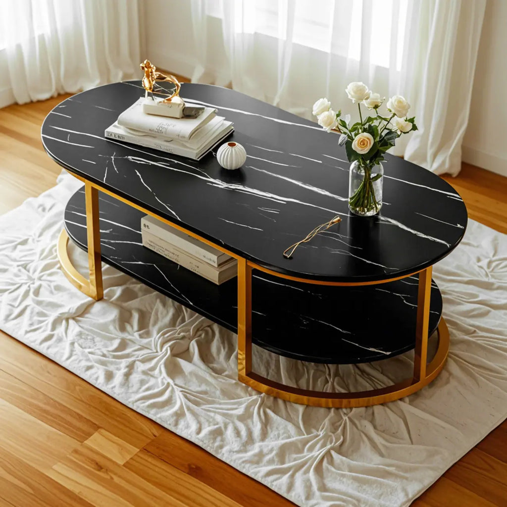 White Wood Oval Shelves Storage Sled Coffee Table