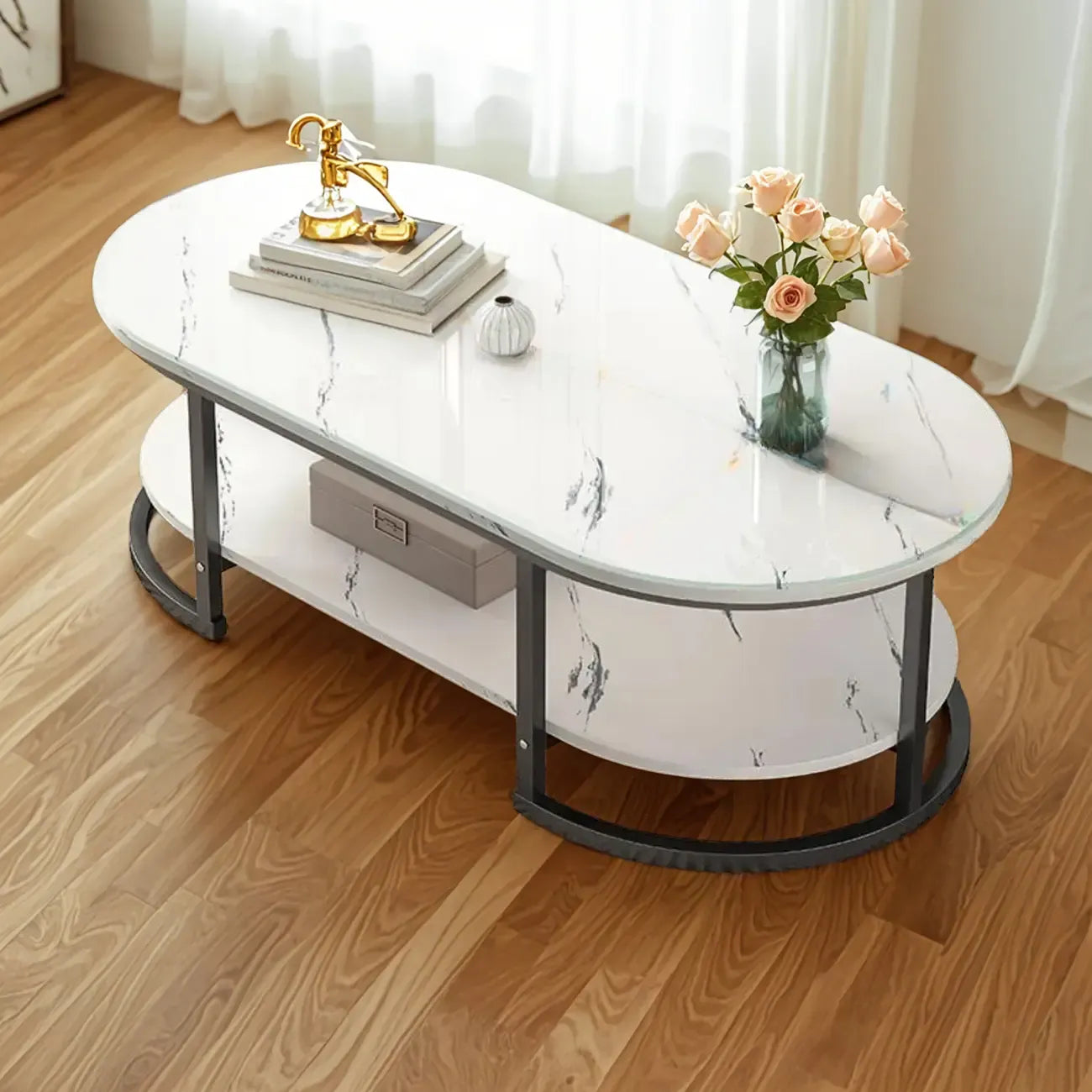 White Wood Oval Shelves Storage Sled Coffee Table