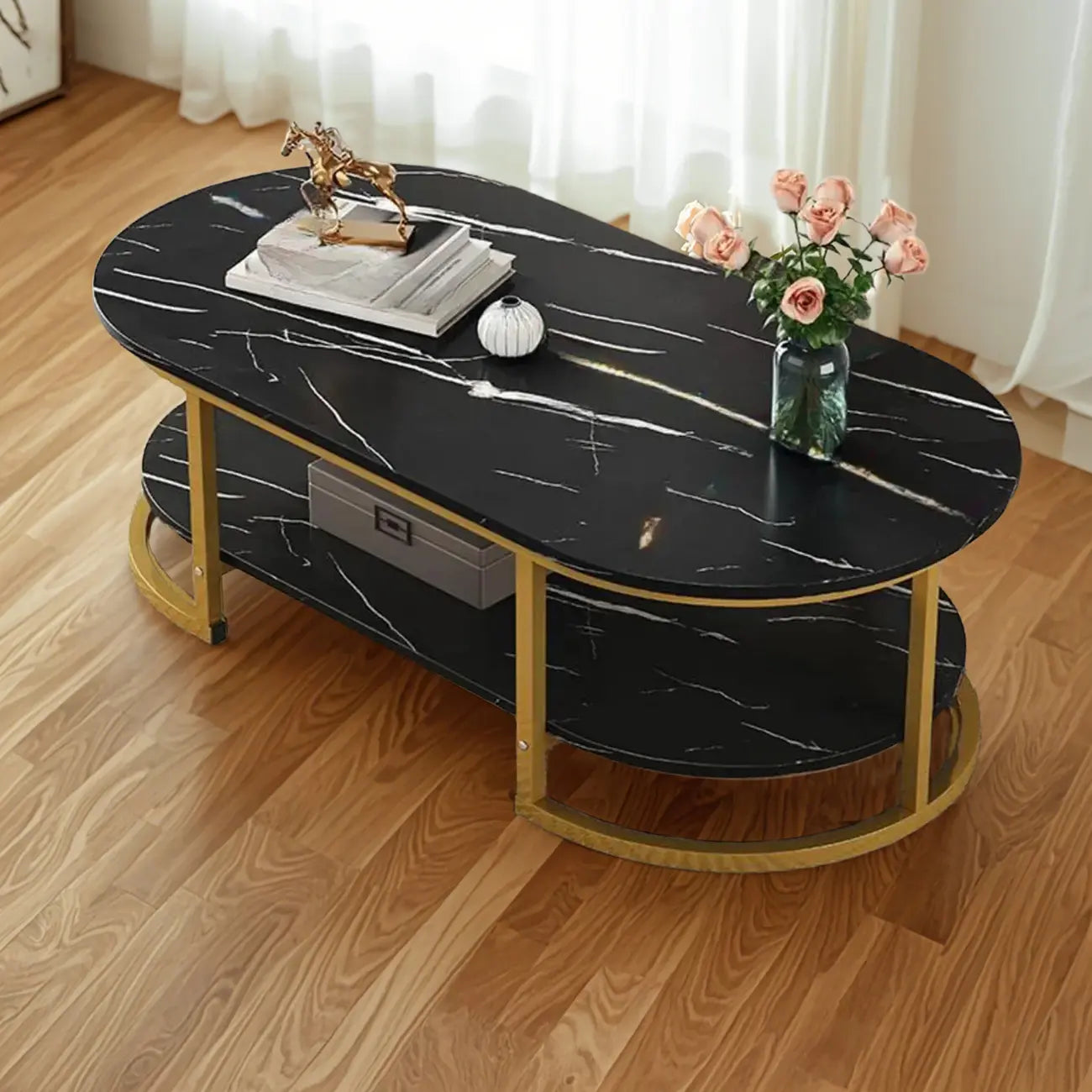 White Wood Oval Shelves Storage Sled Coffee Table