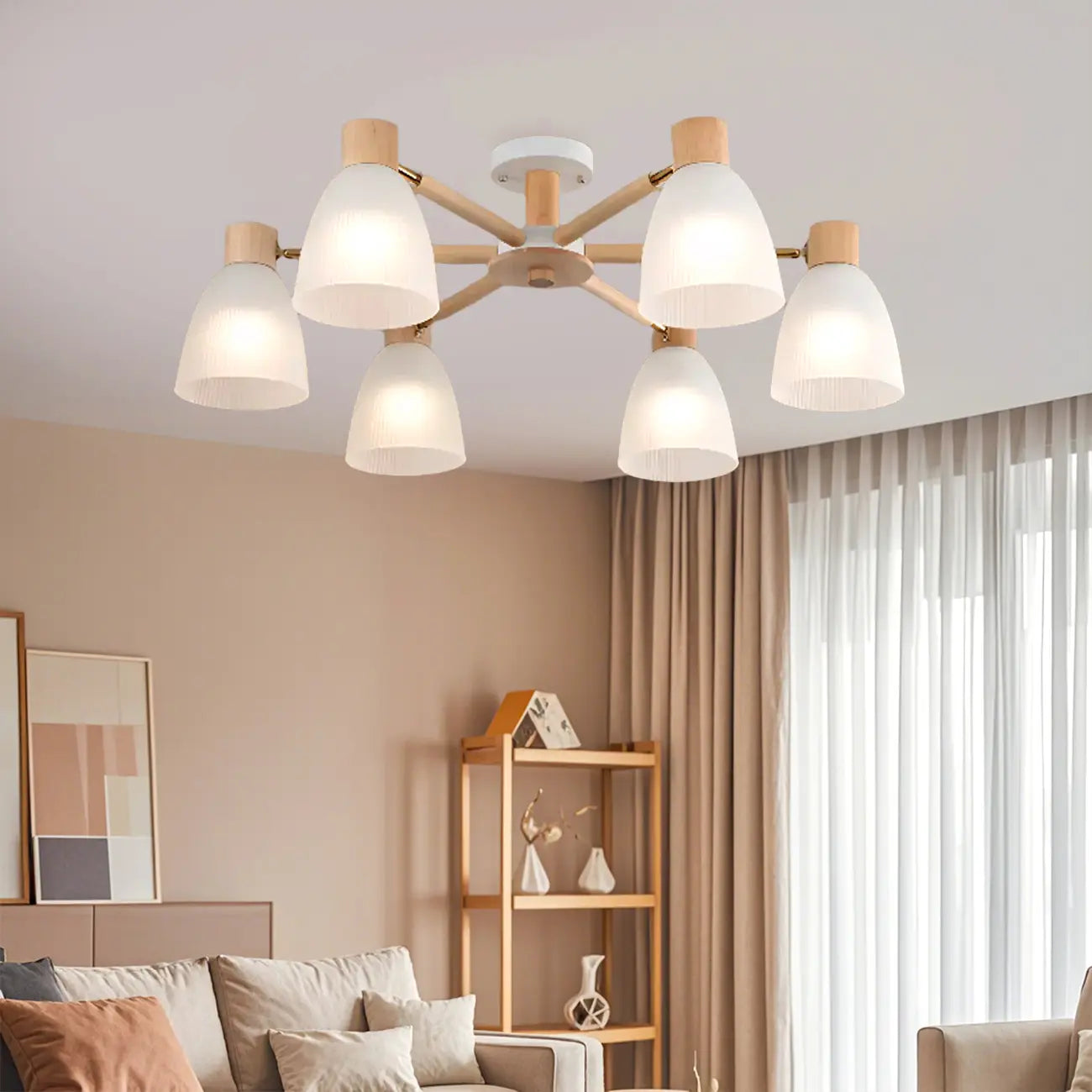 Natural White Cone Glass Wooden Semi Flush Mount Ceiling Light