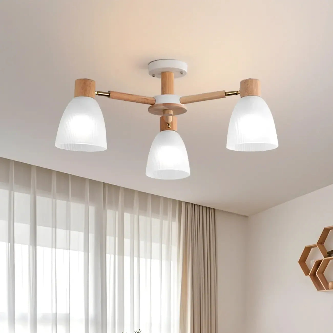 Natural White Cone Glass Wooden Semi Flush Mount Ceiling Light