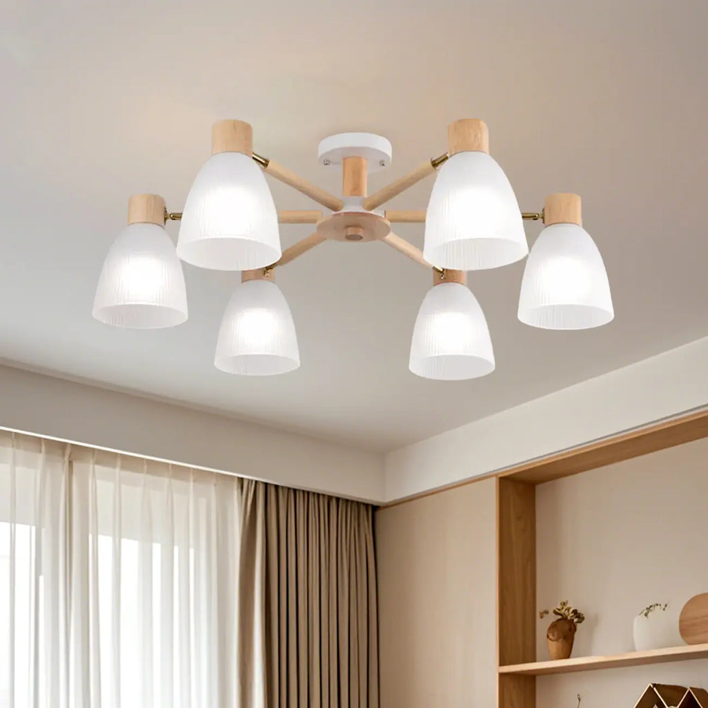 Natural White Cone Glass Wooden Semi Flush Mount Ceiling Light