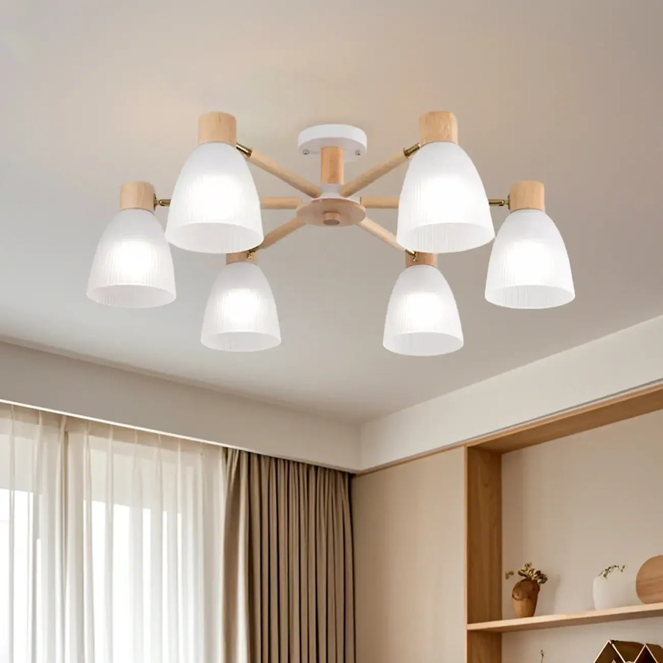 Natural White Cone Glass Wooden Semi Flush Mount Ceiling Light