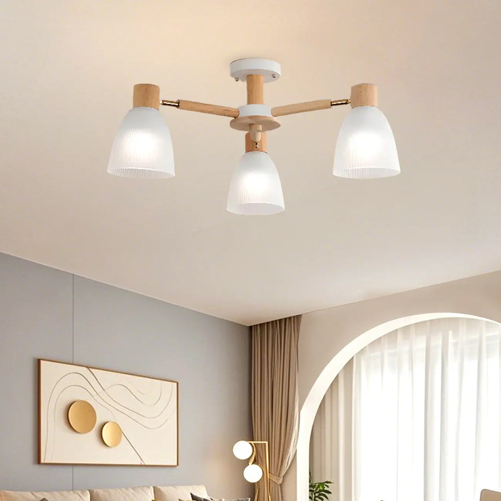 Natural White Cone Glass Wooden Semi Flush Mount Ceiling Light