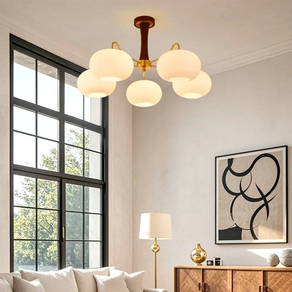 Classic Large Glass Drum Walnut Wood Semi Flush Ceiling Light