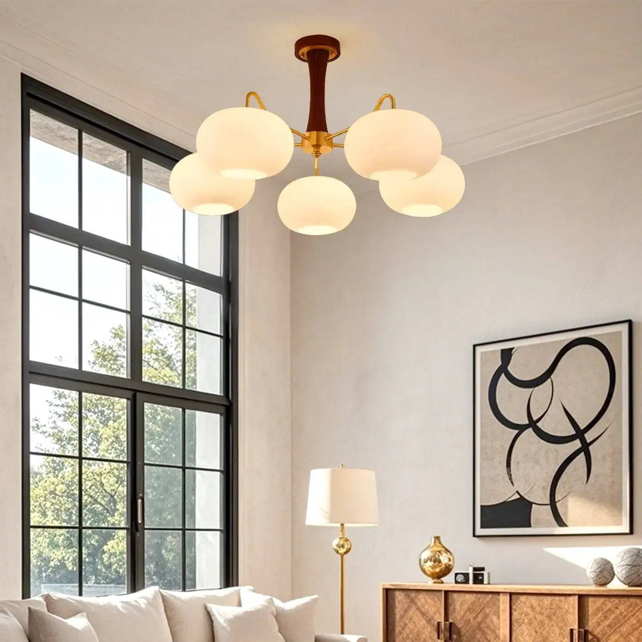 Classic Large Glass Drum Walnut Wood Semi Flush Ceiling Light