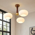 Classic Large Glass Drum Walnut Wood Semi Flush Ceiling Light