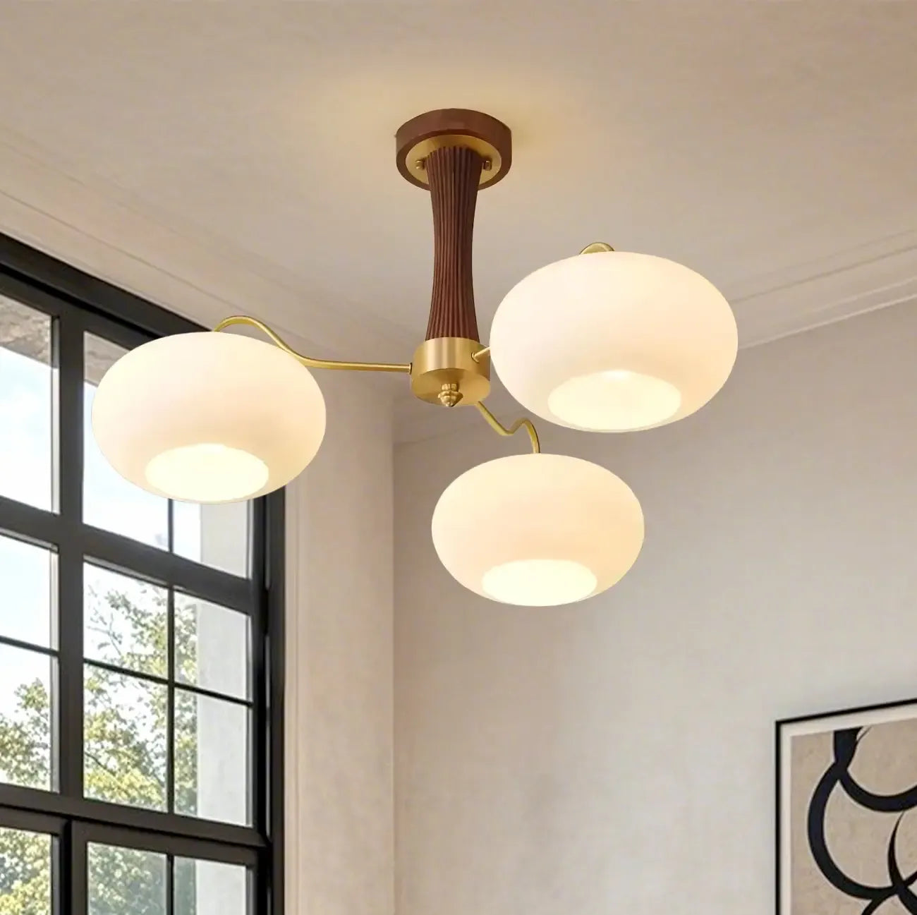 Classic Large Glass Drum Walnut Wood Semi Flush Ceiling Light