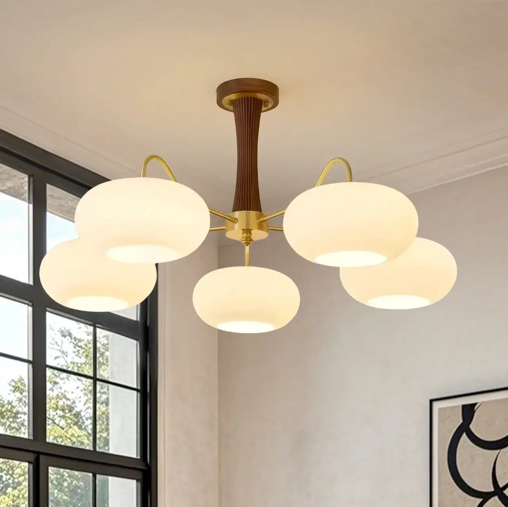 Classic Large Glass Drum Walnut Wood Semi Flush Ceiling Light