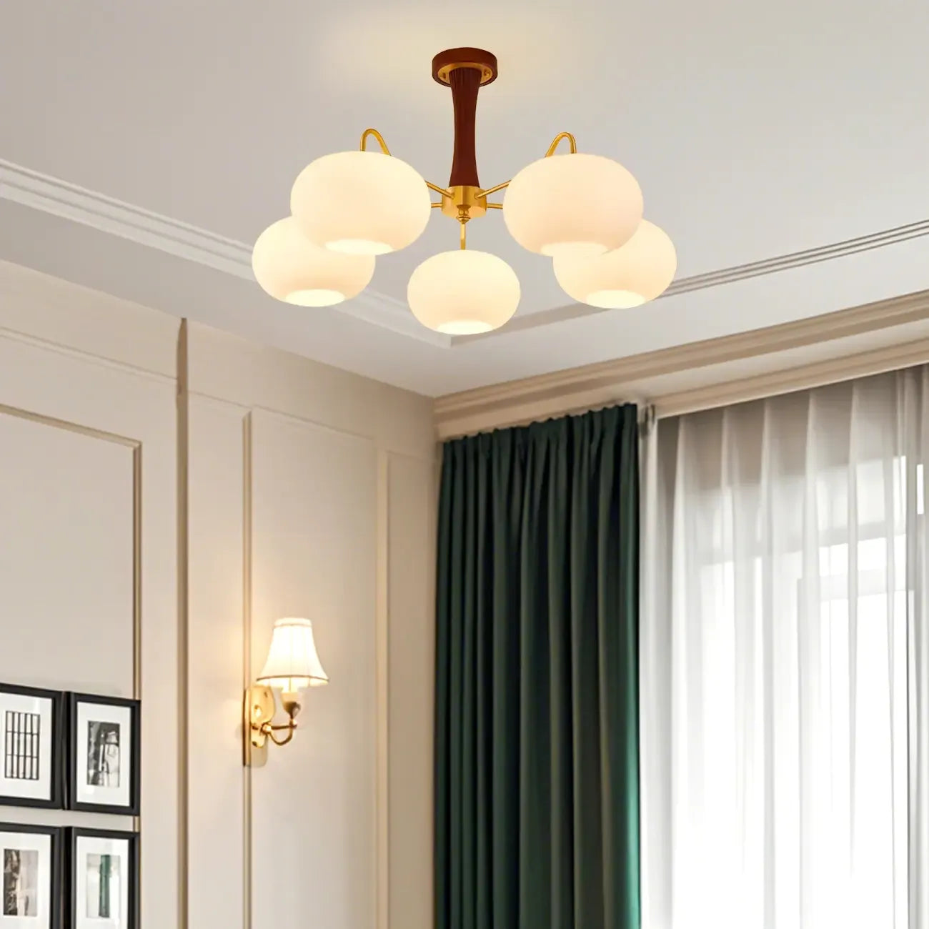 Classic Large Glass Drum Walnut Wood Semi Flush Ceiling Light