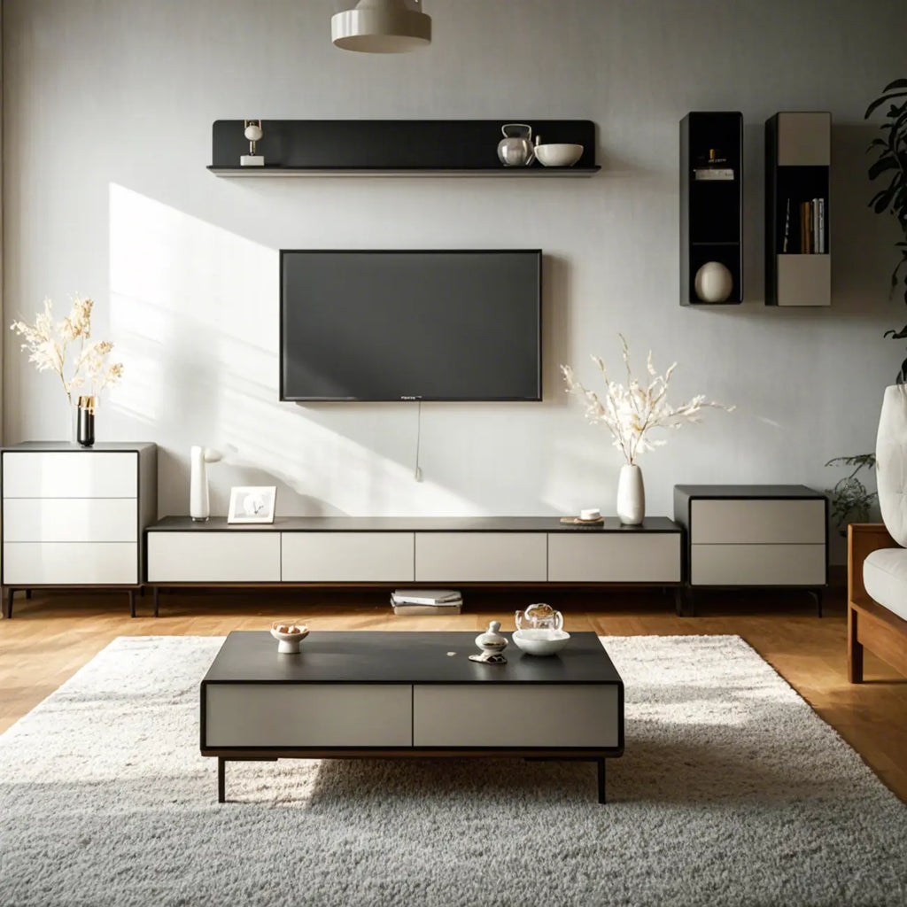 Modern Minimalist Wood Black Coffee Table with Drawers & Legs