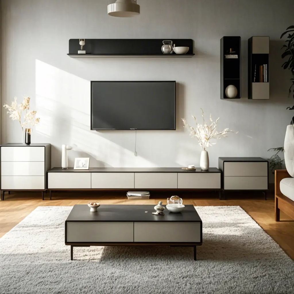 Modern Minimalist Wood Black Coffee Table with Drawers & Legs