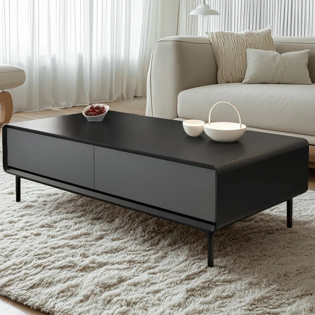Modern Minimalist Wood Black Coffee Table with Drawers & Legs