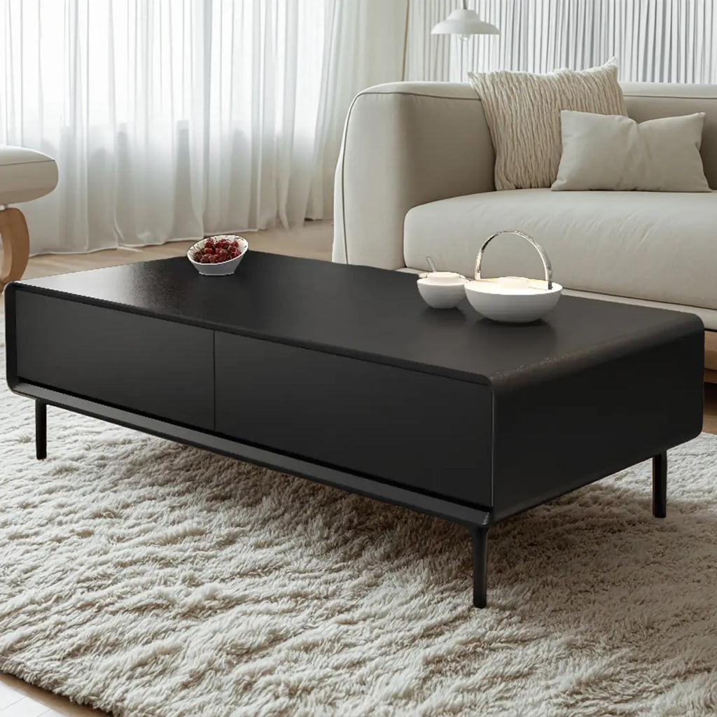 Modern Minimalist Wood Black Coffee Table with Drawers & Legs