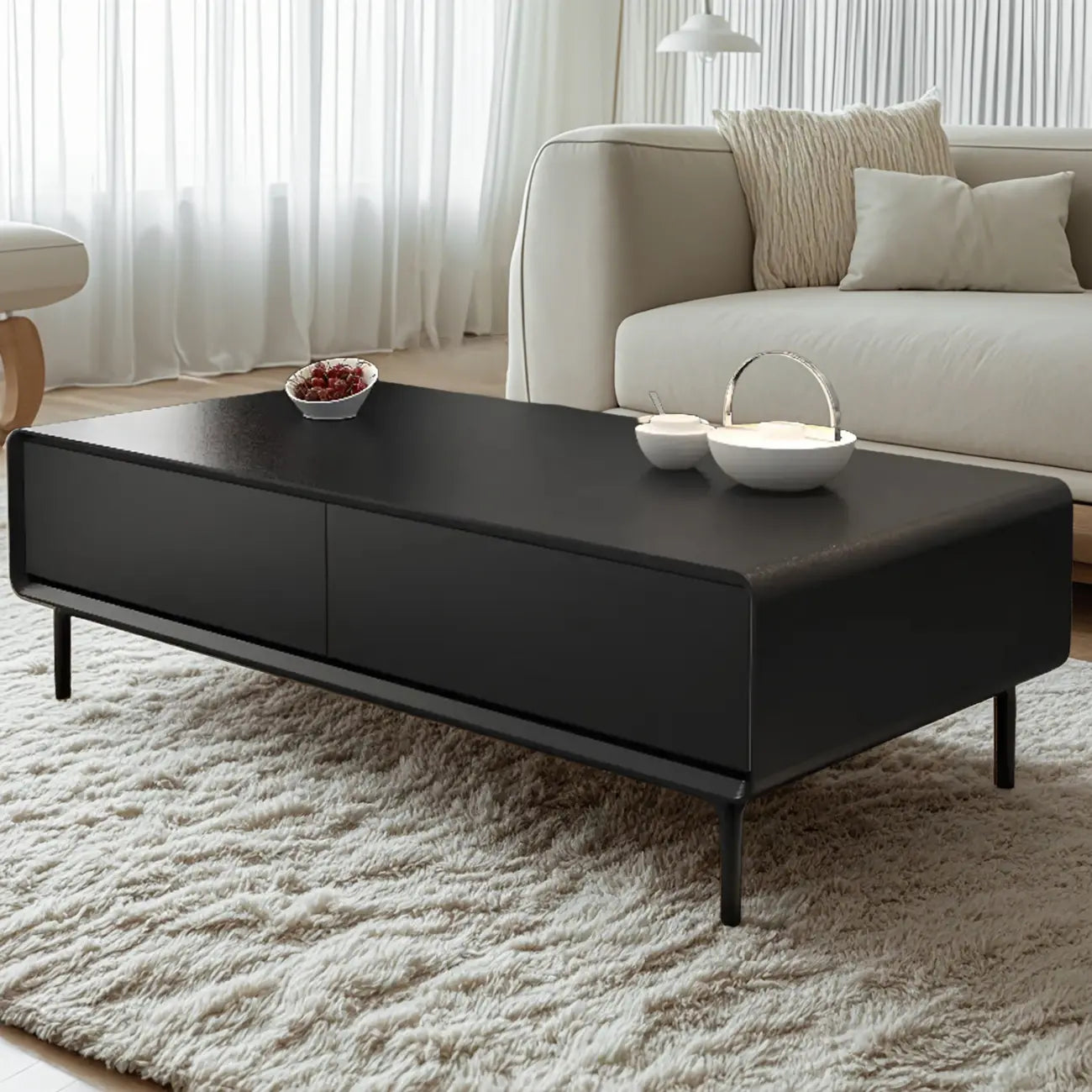 Modern Minimalist Wood Black Coffee Table with Drawers & Legs