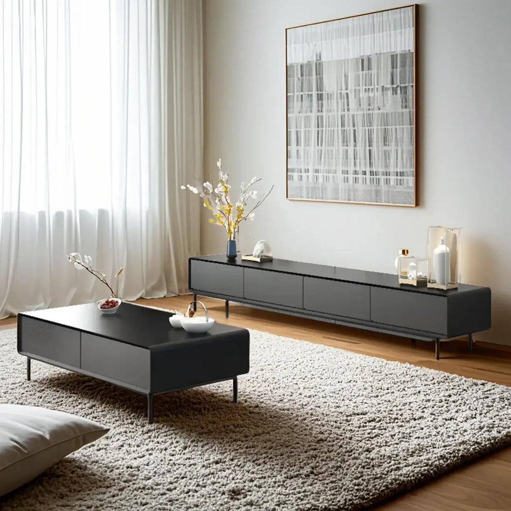 Modern Minimalist Wood Black Coffee Table with Drawers & Legs