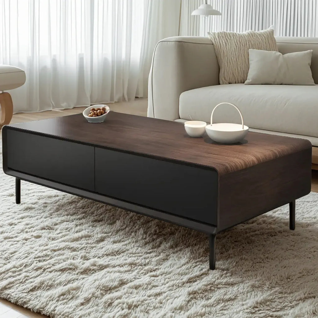 Modern Minimalist Wood Black Coffee Table with Drawers & Legs