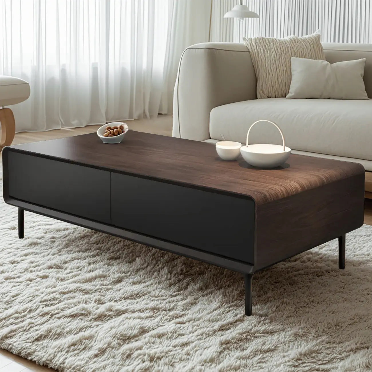Modern Minimalist Wood Black Coffee Table with Drawers & Legs