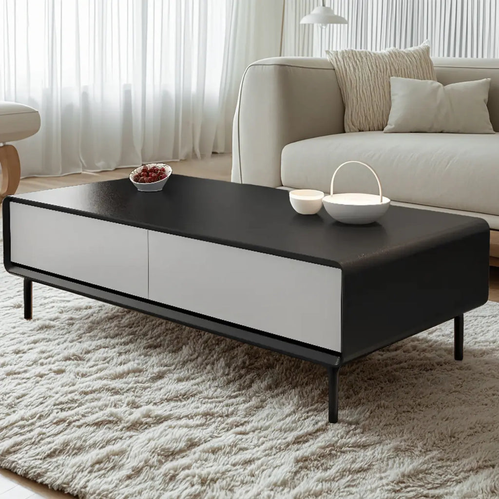 Modern Minimalist Wood Black Coffee Table with Drawers & Legs