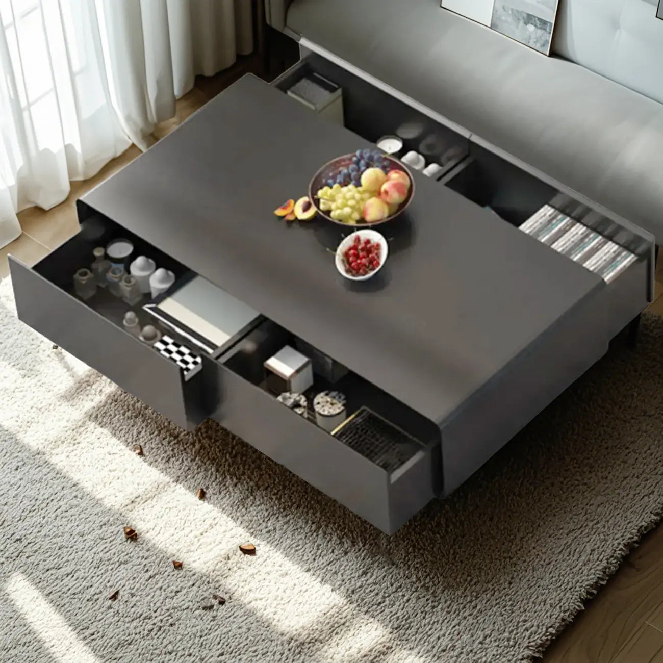 Modern Minimalist Wood Black Coffee Table with Drawers & Legs