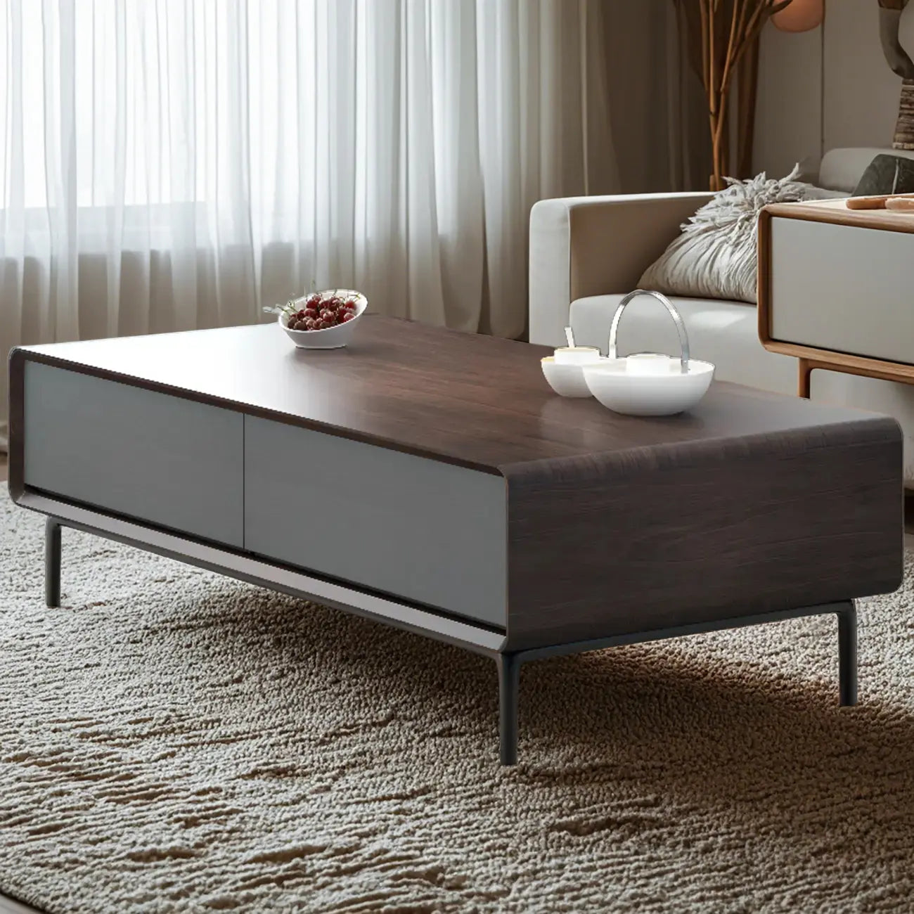 Modern Minimalist Wood Black Coffee Table with Drawers & Legs