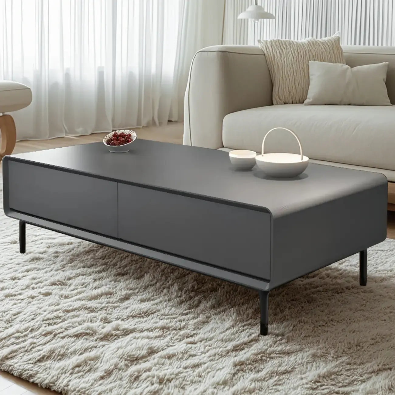 Modern Minimalist Wood Black Coffee Table with Drawers & Legs