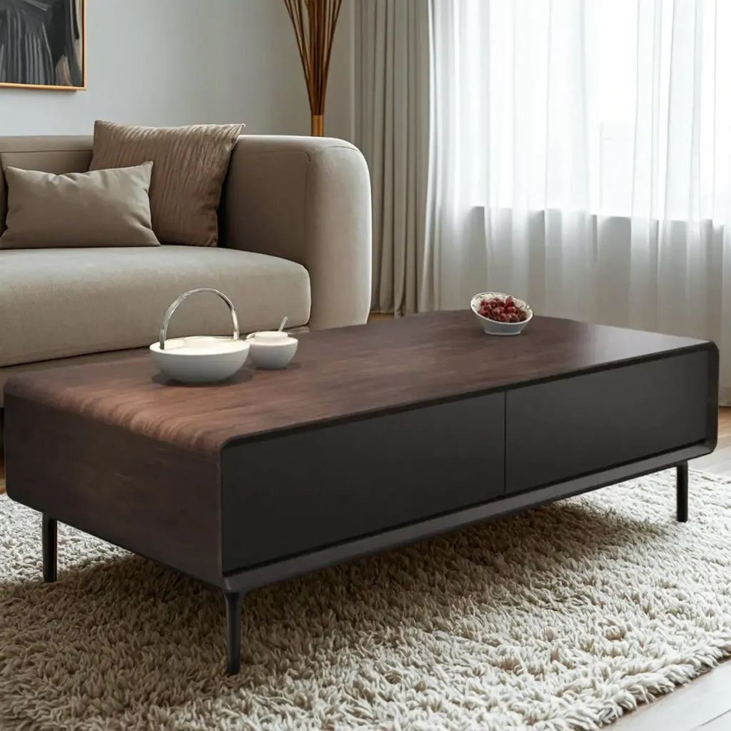 Modern Minimalist Wood Black Coffee Table with Drawers & Legs