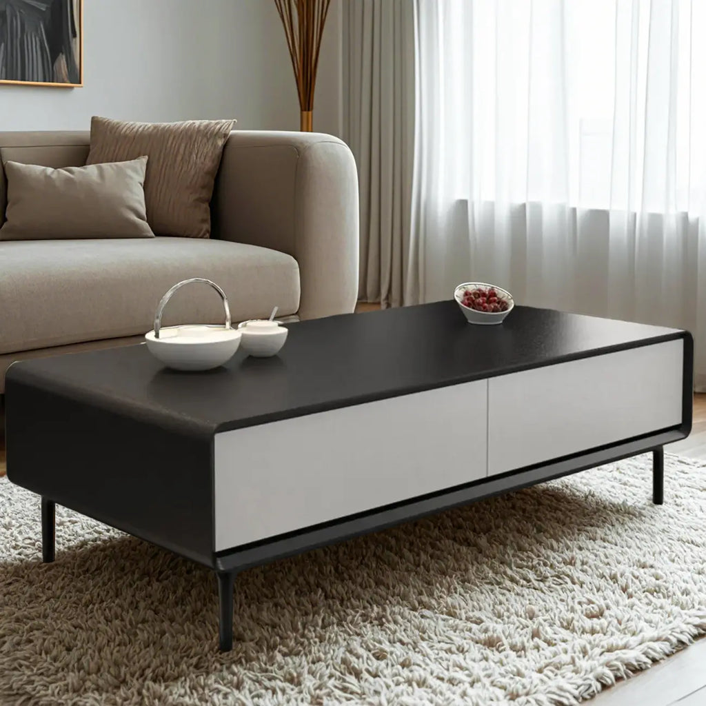 Modern Minimalist Wood Black Coffee Table with Drawers & Legs