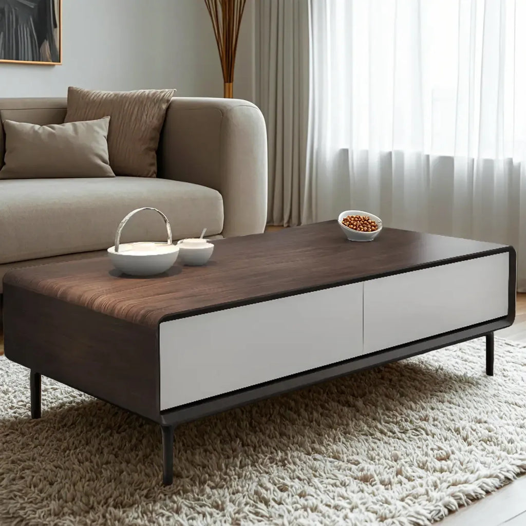 Modern Minimalist Wood Black Coffee Table with Drawers & Legs